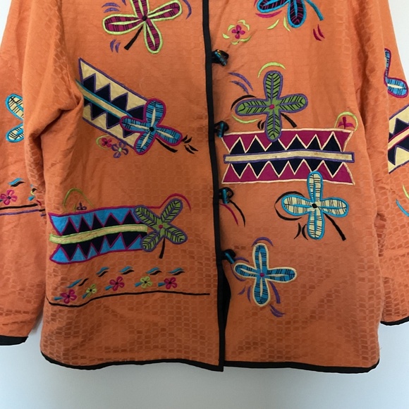 Indigo Moon Orange Jacket M Patchwork Appliqué Embroidered Floral Glass Buttons - Picture 6 of 14